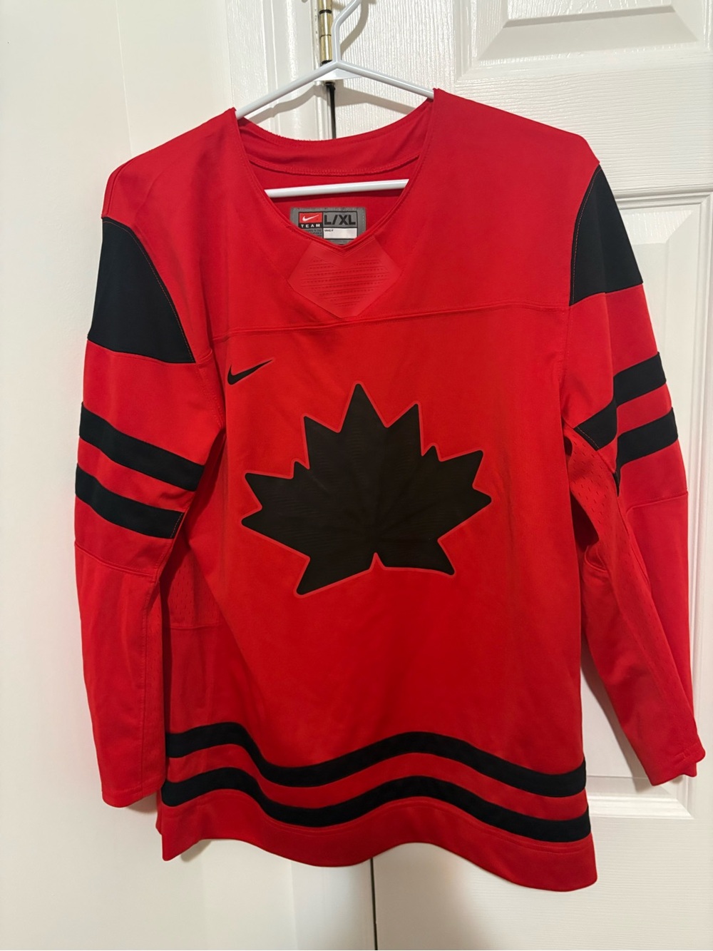Nike Red and Black Kids Hockey Jersey with Maple Leaf